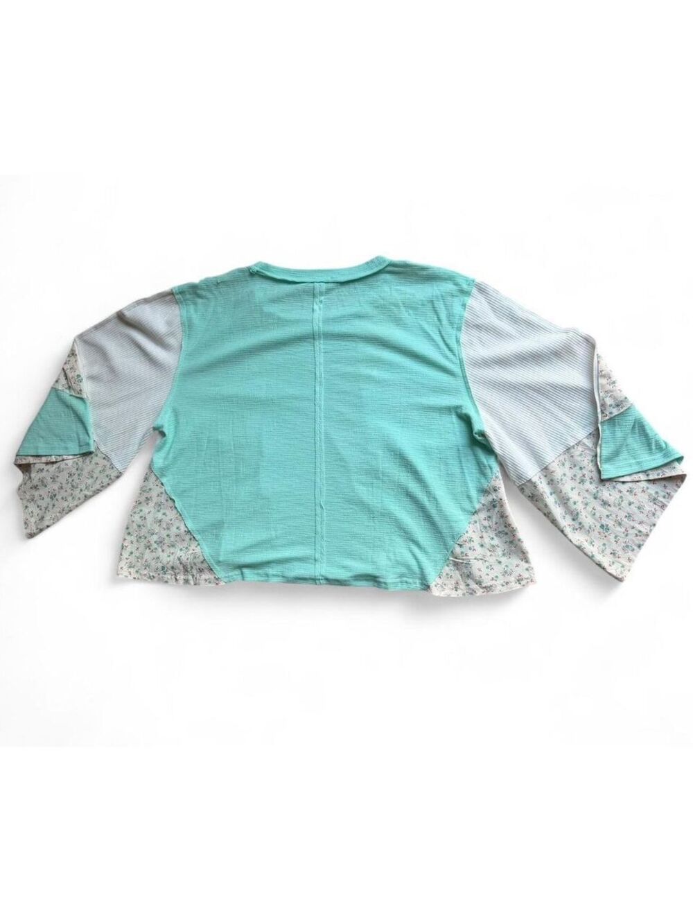 POL Exposed Seam Floral Patchwork Top L Aqua Boho Slub Knit Boutique - Picture 4 of 7